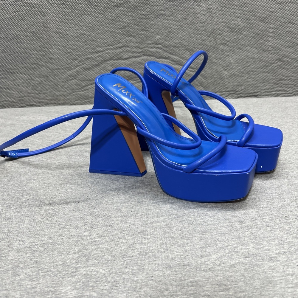 Mixx Shuz Platforms Blue Satin Heels Shoe  Women's Size 8.5 Ankle Wrap Straps - Picture 3 of 14